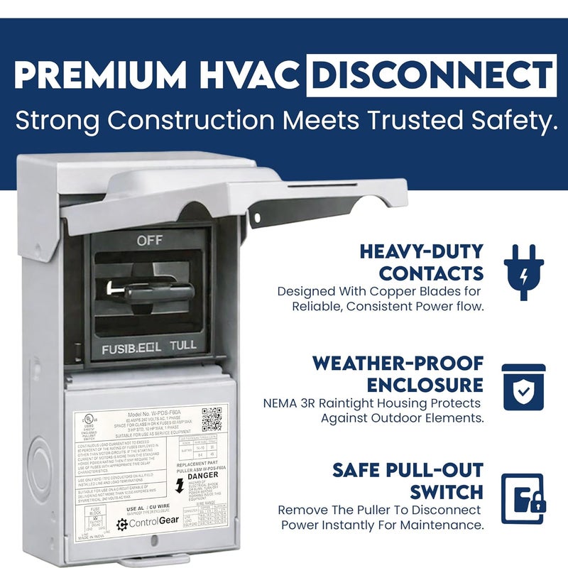 ControlGear 60 Amp Pullout FUSIBLE Disconnect Switch, Brand 240V NEMA 3R Outdoor Metallic Enclosure for HVAC Systems, UL Certified, Single Phase Two Wire (fuses NOT Included) - Image 3
